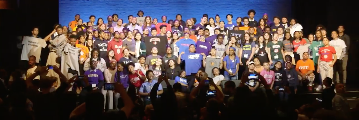 Students on stage at the Apollo Theatre during College Decision Day 2019