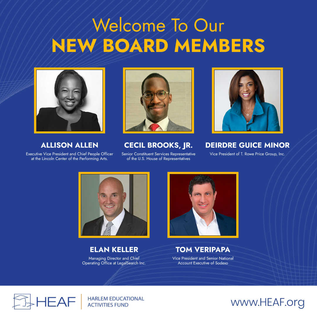 Five new HEAF Board members: Allison Allen, Cecil Brooks, Jr., Deirdre Guice Minor, Elan Keller, and Tom Veripapa