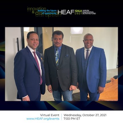 HEAF Gala 2021 speakers (L-R) Verdun Perry, Neal deGrasse Tyson, and Robert F Smith line up for a photo